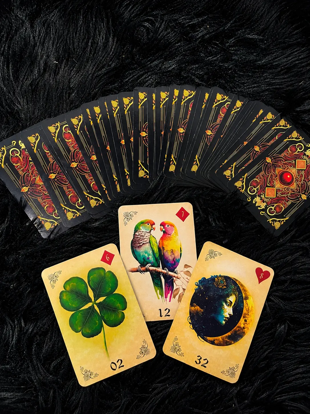 Baralho Cigano aberto em leque com as cartas do trevo, dos pássaros e da lua