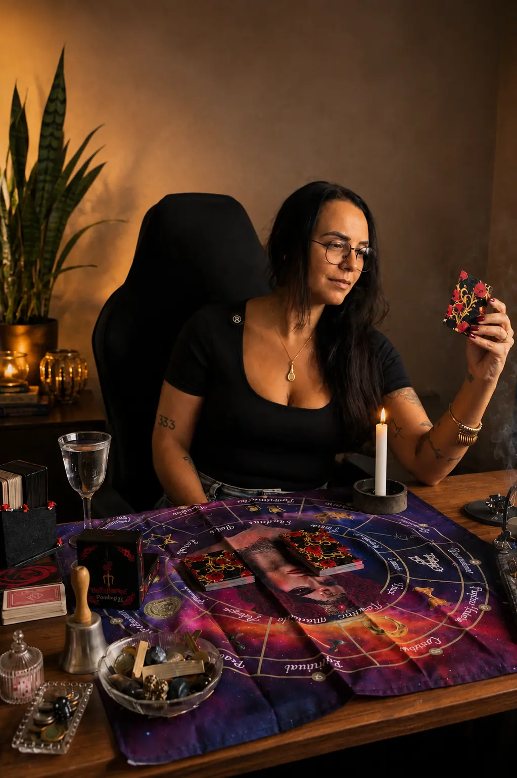 Lorraine sentada à mesa de leitura, segurando uma carta do baralho