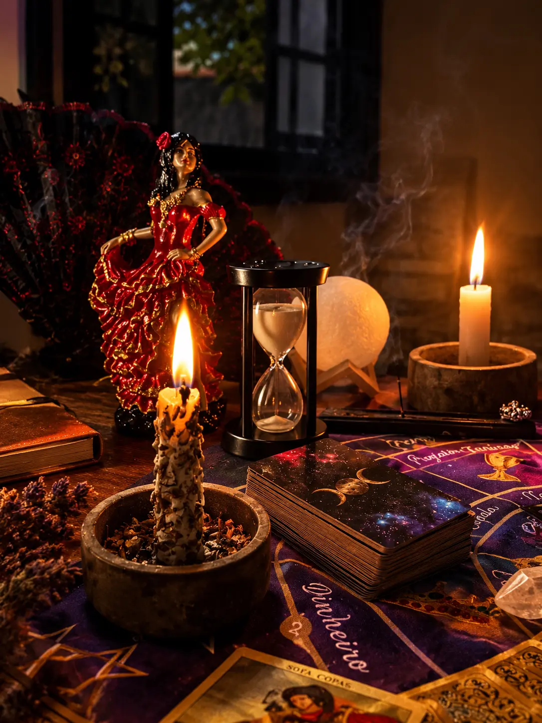 Mesa de oráculos com vela acesa, ampulheta, cartas de tarot e imagem de Pombogira